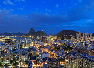 View over Botafogo towards the Sugarloaf Mountain at twilight, Rio de Janeiro, Brazil, South America