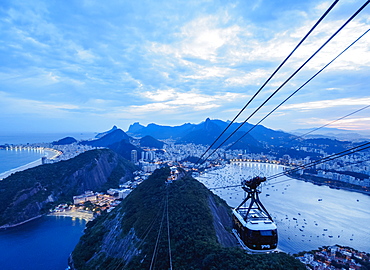 Cable Car to Sugarloaf Mountain at twilight, Rio de Janeiro, Brazil, South America