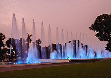 Magic Water Circuit in La Reserva Park, sunset, Lima, Peru, South America