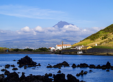 View towards Porto Pim Whaling Station and Pico Mounain, Faial Island, Azores, Portugal, Atlantic, Europe