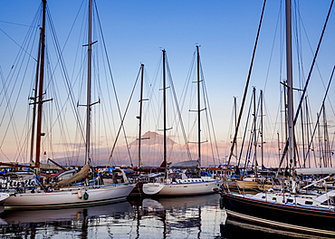 Yacht Harbour in Horta with Pico Mountain in the background, Faial Island, Azores, Portugal, Atlantic, Europe