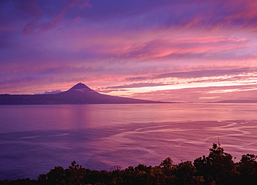 View towards the Pico Island at sunset, Sao Jorge Island, Azores, Portugal, Atlantic, Europe