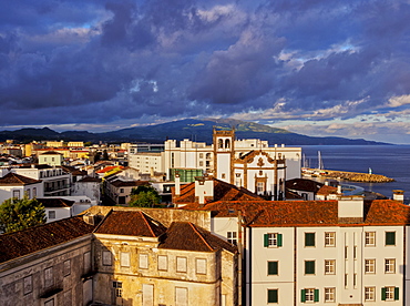 Ponta Delgada at sunset, elevated view, Sao Miguel Island, Azores, Portugal, Atlantic, Europe