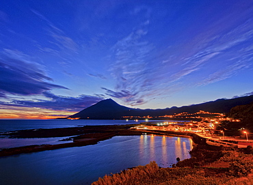 Lajes do Pico and Pico Mountain at dusk, Pico Island, Azores, Portugal, Atlantic, Europe