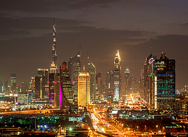 Financial Centre and Downtown at dusk, elevated view, Dubai, United Arab Emirates, Middle East