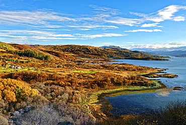 Sweeping autumn view of the tree covered hills and valley along the banks of Loch Sunart in the Ardnamurchan Peninsula, Highlands, Scotland, United Kingdom, Europe