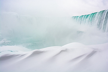 Frozen Niagara Falls in January, view from beneath the falls, Ontario, Canada, North America