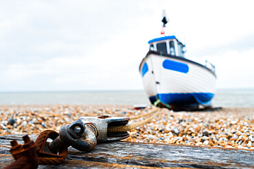 Fishing boat anchored to the block and tackle, Dungeness, Kent, England, United Kingdom, Europe