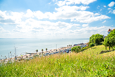 Looking towards Chalkwell from the grass by the Cliffs Pavilion Theatre, Southend on Sea, Essex, England, United Kingdom, Europe