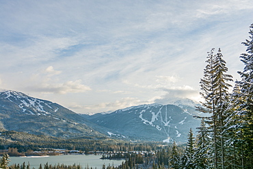 View of Whistler and Blackcomb mountains and Green Lake from Rainbow, British Columbia, Canada, North America