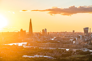 The sun sets over the City of London, London, England, United Kingdom, Europe