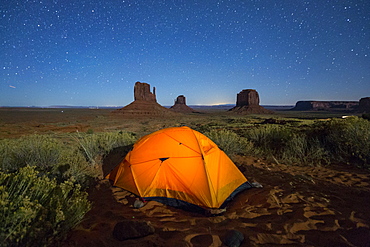 Tent in Monument Valley Campground at night, Monument Valley, Navajo Tribal Park, Arizona, United States of America, North America