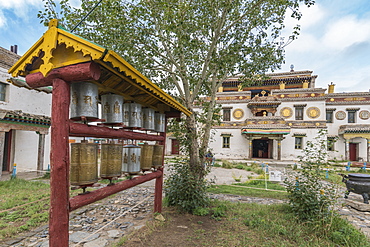 Prayer wheels in the gardens of Erdene Zuu Buddhist Monastery, Harhorin, South Hangay province, Mongolia, Central Asia, Asia