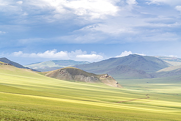 Landscape of the green Mongolian steppe under a gloomy sky, Ovorkhangai province, Mongolia, Central Asia, Asia