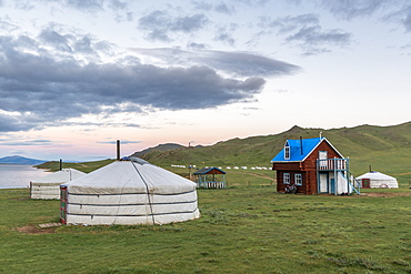 Wooden house and gers on the shores of White Lake, Tariat district, North Hangay province, Mongolia, Central Asia, Asia