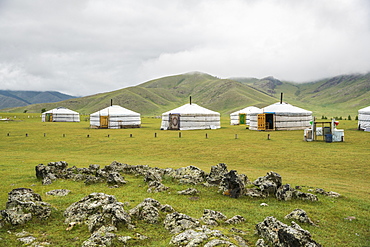 Nomadic family ger camp, Orkhon valley, South Hangay province, Mongolia, Central Asia, Asia