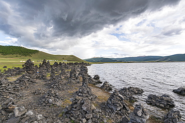 Volcanic rock formations on the shores of White Lake, Tariat district, North Hangay province, Mongolia, Central Asia, Asia