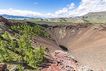 Khorgo volcano crater and White Lake in the background, Tariat district, North Hangay province, Mongolia, Central Asia, Asia