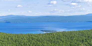 Taiga and Hovsgol Lake seen from above, Hovsgol province, Mongolia, Central Asia, Asia