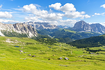 Landscape of Sella and Langkofel mountain groups in Italy, Europe