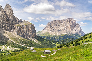 Cabin by Sella and Langkofel mountain groups in Italy, Europe