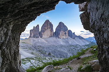 View from rock cave of Three Peaks of Lavaredo in Italy, Europe