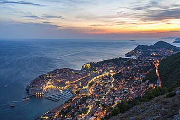 The town at sunset from an elevated point of view, Dubrovnik, Dubrovnik-Neretva county, Croatia, Europe