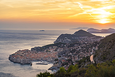 The town during a summer sunset from an elevated point of view, Dubrovnik, Dubrovnik-Neretva county, Croatia, Europe