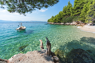 Boat at Dracheva beach, in summer, Murvica, Bol, Brac island, Split-Dalmatia county, Croatia, Europe