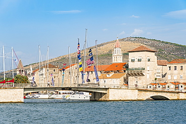 Sailing boats and the bridge that connects the old town to the island of Ciovo, Trogir, Split-Dalmatia county, Croatia, Europe