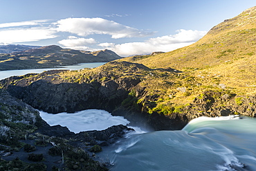 Salto Grande waterfall in the morning with Lake Pehoe in the background, Torres del Paine National Park, Chile, South America