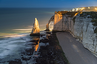 Long exposure at sunset of the chalk cliffs, Etretat, Normandy, France, Europe