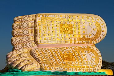 Decorative feet of the reclining Buddha of Bagan (Pagan), Myanmar (Burma), Asia