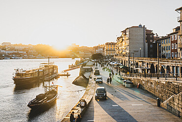 The Cais da Ribeira area of Porto at sunset, UNESCO World Heritage Site, Porto, Portugal, Europe