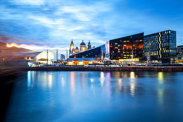 Looking over Canning Dock towards the Museum of Liverpool and Liver Building during the evening twilight (blue hour), Liverpool, Merseyside, England, United Kingdom, Europe