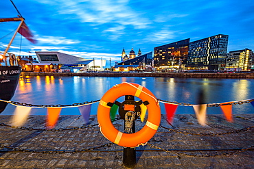 Looking over Canning Dock towards the Museum of Liverpool and Liver Building during the evening twilight (blue hour), Liverpool, Merseyside, England, United Kingdom, Europe