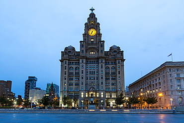 The Liver Building on the River Mersey Waterfront during blue hour, Liverpool, Merseyside, England, United Kingdom, Europe