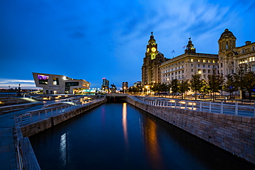 Pier Head and the Liver Building on the River Mersey Waterfront during blue hour, Liverpool, Merseyside, England, United Kingdom, Europe