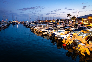 Boats at blue hour, Benalmadena Puerto Marina between the Costa Del Sol beach resorts of Benalmadena and Torremolinos, Andalusia, Spain, Europe