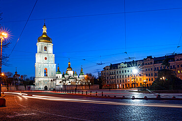 St. Sophia Cathedral and Sophia Square during blue hour in Kyiv (Kiev), Ukraine, Europe