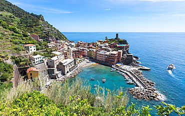 A scenic lookout over the harbour and old town of Vernazza, Cinque Terre, UNESCO World Heritage Site, Liguria, Italy, Europe