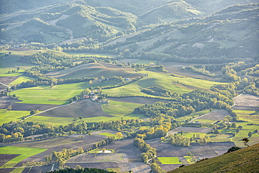 Valley at sunset in autumn, Monte Cucco Park, Apennines, Umbria, Italy, Europe