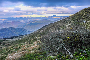 Spot of light on Monte San Vicino after a storm, Apennines, Umbria, Italy, Europe