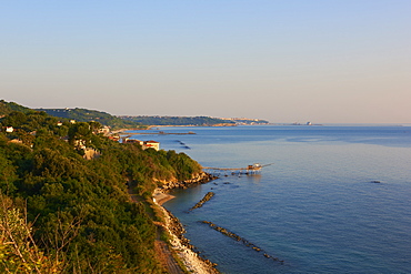 Aerial view of the coast from Promontorio Dannunziano, Trabocchi coast, San Vito Chietino, Abruzzo, Italy, Europe