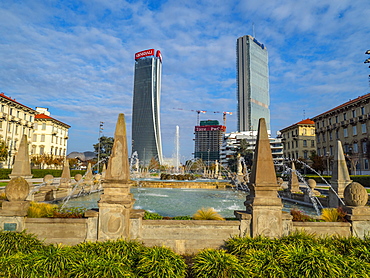 The Three Towers seen from the park, Milan, Lombardy, Italy, Europe