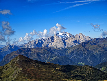 Giau Pass, Marmolada from the top of Mount Gusela, Dolomites, Veneto, Italy, Europe