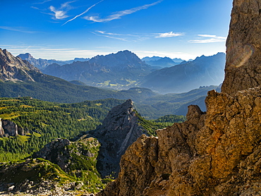 Giau Pass, Cortina d'Ampezzo and Cristallo at sunrise, Dolomites, Veneto, Italy, Europe