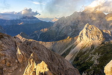 Alta Via Bepi Zac, sunset on Dolomites, Veneto, Italy, Europe