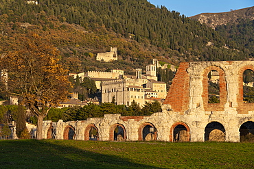 The town and the Roman Theater at sunset, Gubbio, Umbria, Italy, Europe