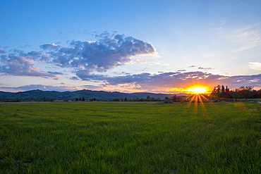 Sunset over fields, Gubbio, Umbria, Italy, Europe